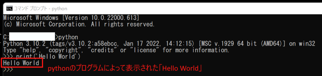 pythonプログラムでHello Worldを表示